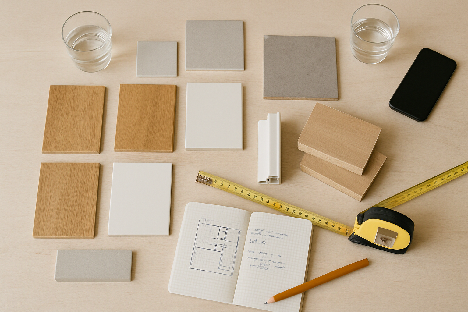 Carta de muestras de materiales desplegada sobre la mesa de una cocina