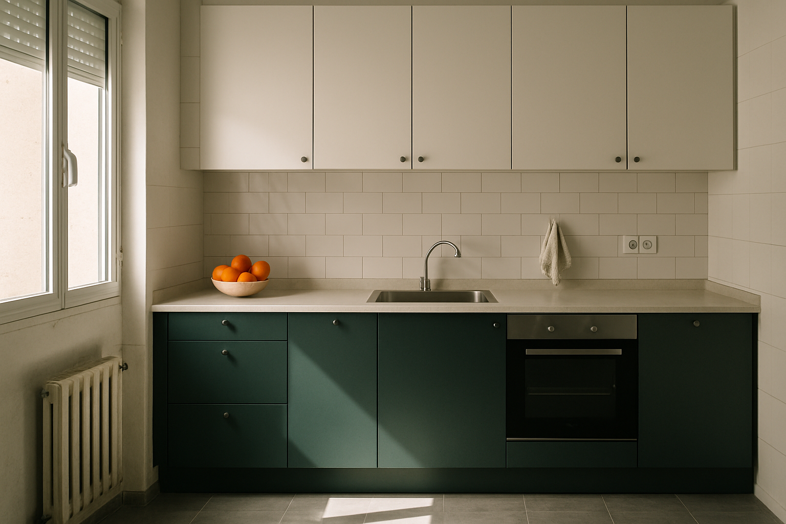 Cocina reformada terminada en un piso de Torrent con luz natural de mediodía