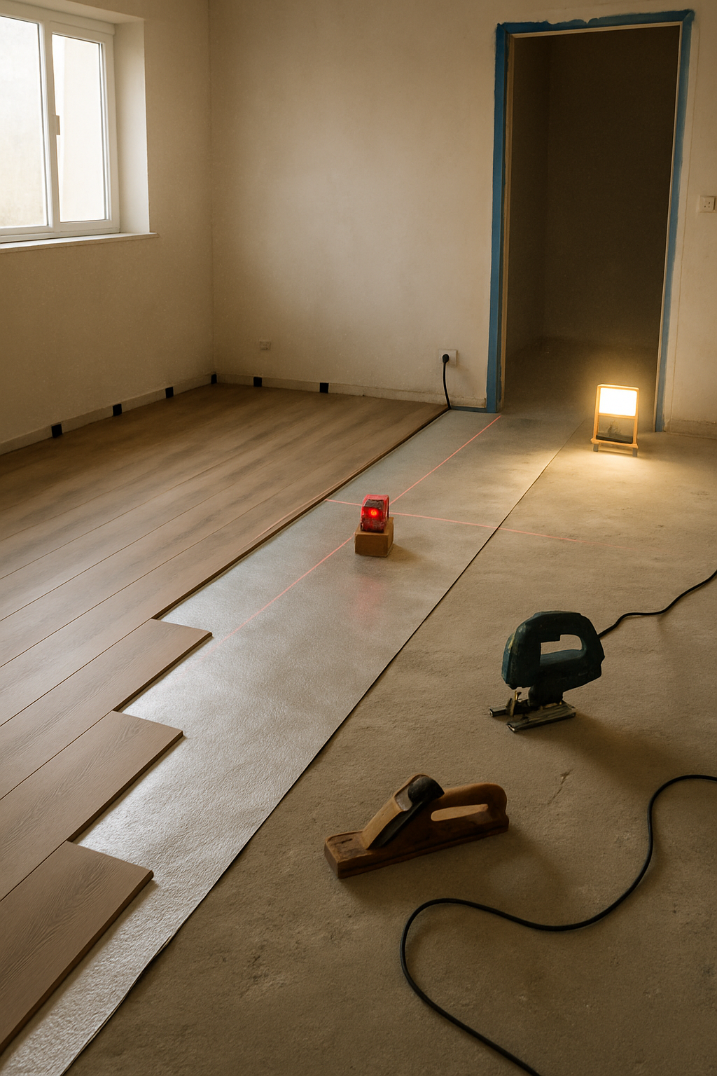 Obra en curso con el suelo a medio instalar y protecciones de cartón